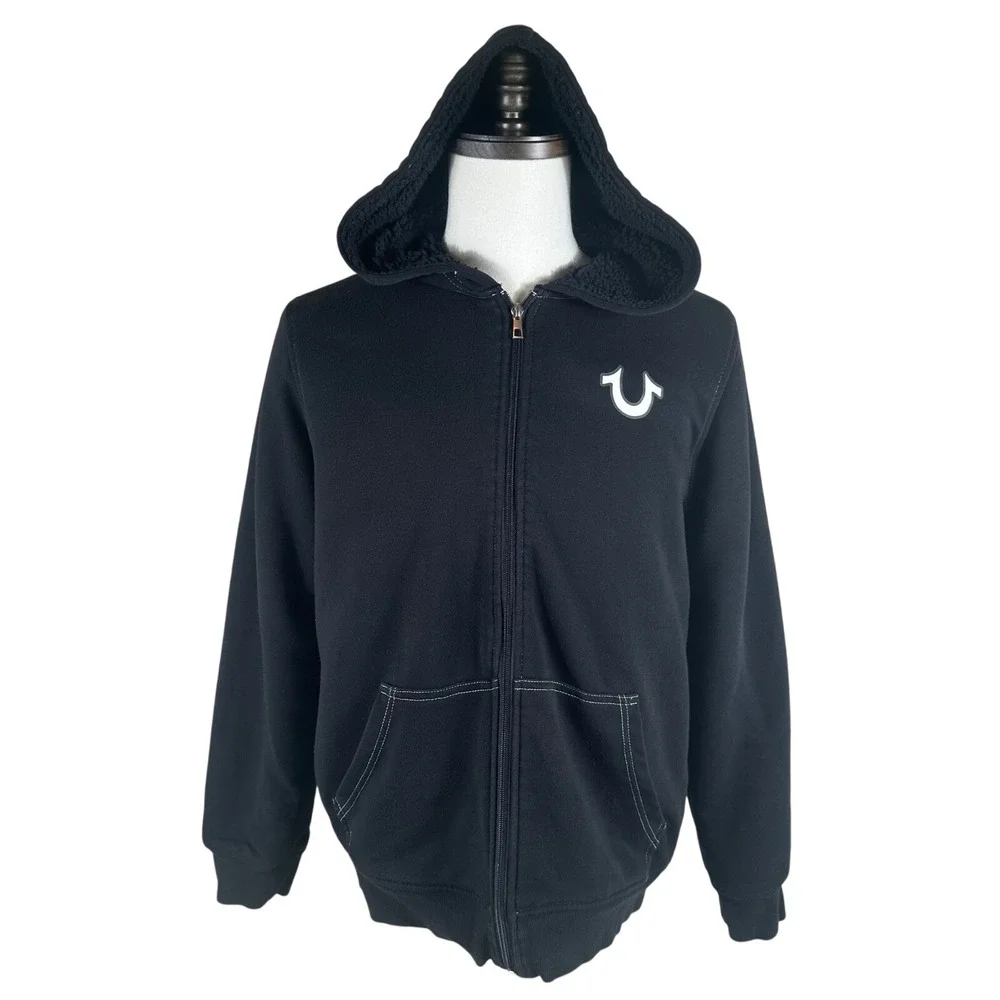 True Religion Buddha Sherpa Zip Hoodie Men M Black Streetwear Y2K Graphic Fleece